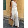 imageMakeMeChic Womens 2 Piece Summer Beach Outfit Linen 3D Floral One Shoulder Tank Tops and Wide Leg Pants SetWhite
