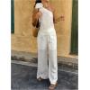 imageMakeMeChic Womens 2 Piece Summer Beach Outfit Linen 3D Floral One Shoulder Tank Tops and Wide Leg Pants SetWhite