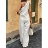 imageMakeMeChic Womens 2 Piece Summer Beach Outfit Linen 3D Floral One Shoulder Tank Tops and Wide Leg Pants SetWhite