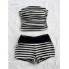 imageMakeMeChic Womens 2 Piece Summer Outfit Striped Strapless Ruched Tube Crop Tops and Shorts SetBlack and White