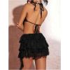 imageMakeMeChic Womens 2 Piece Y2k Outfits Floral Lace Draped Front Open Back Halter Crop Tops and Skirt SetBlack