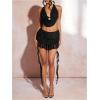 imageMakeMeChic Womens 2 Piece Y2k Outfits Floral Lace Draped Front Open Back Halter Crop Tops and Skirt SetBlack
