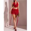 imageMakeMeChic Womens 2 Piece Y2k Outfits Floral Lace Draped Front Open Back Halter Crop Tops and Skirt SetRed