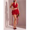 imageMakeMeChic Womens 2 Piece Y2k Outfits Floral Lace Draped Front Open Back Halter Crop Tops and Skirt SetRed
