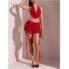 imageMakeMeChic Womens 2 Piece Y2k Outfits Floral Lace Draped Front Open Back Halter Crop Tops and Skirt SetRed