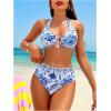 imageMakeMeChic Womens Bikini Sets Floral Print Halter Ring Linked High Waisted Bathing SuitBlue and White