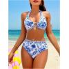 imageMakeMeChic Womens Bikini Sets Floral Print Halter Ring Linked High Waisted Bathing SuitBlue and White
