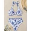 imageMakeMeChic Womens Bikini Sets Floral Print Halter Ring Linked High Waisted Bathing SuitBlue and White