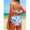 imageMakeMeChic Womens Bikini Sets Floral Print Halter Ring Linked High Waisted Bathing SuitBlue and White