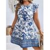 imageMakeMeChic Womens Boho Floral Print Crew Neck Dress Ruffle Trim Sleeveless Flowy Knee Length Summer DressesBlue and White
