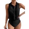 imageMakeMeChic Womens Collared Bodysuit Shirt Swiss Dots Sleeveless Button Front Tank TopsBlack