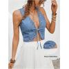 imageMakeMeChic Womens Cowgirl Denim Vest Western Floral Embroidery Tie Front Sleeveless Crop TopsBlue