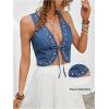 imageMakeMeChic Womens Cowgirl Denim Vest Western Floral Embroidery Tie Front Sleeveless Crop TopsDark Blue