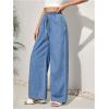 imageMakeMeChic Womens Elastic High Waisted Straight Wide Legs Jeans Tie Front Denim Baggy PantsBlue