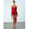 imageMakeMeChic Womens Floral Halter Top Tie Front Y2K Backless Ruffle Trim Fringe CamisoleRed