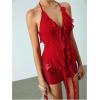 imageMakeMeChic Womens Floral Halter Top Tie Front Y2K Backless Ruffle Trim Fringe CamisoleRed