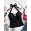 imageMakeMeChic Womens Floral Print Ruched Halter Top Sleeveless Backless Slim Fit Crop TopsBlack