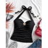 imageMakeMeChic Womens Floral Print Ruched Halter Top Sleeveless Backless Slim Fit Crop TopsBlack