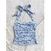 imageMakeMeChic Womens Floral Print Ruched Halter Top Sleeveless Backless Slim Fit Crop TopsBlue and White