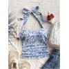 imageMakeMeChic Womens Floral Print Ruched Halter Top Sleeveless Backless Slim Fit Crop TopsBlue and White