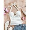 imageMakeMeChic Womens Floral Print Ruched Halter Top Sleeveless Backless Slim Fit Crop TopsFloral White