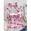 imageMakeMeChic Womens Floral Print Ruched Halter Top Sleeveless Backless Slim Fit Crop TopsPink Floral