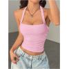 imageMakeMeChic Womens Floral Print Ruched Halter Top Sleeveless Backless Slim Fit Crop TopsPink Solid