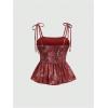 imageMakeMeChic Womens Floral Tie Shoulder Tank Tops Ruched Ruffle Hem Shirred Camisole Crop TopsRust Brown