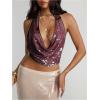 imageMakeMeChic Womens Going Out Tops Sexy Deep V Cowl Neck Blackless Sequin Halter TopBurgundy Sequin