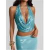 imageMakeMeChic Womens Going Out Tops Sexy Deep V Cowl Neck Blackless Sequin Halter TopTeal Blue Sequin