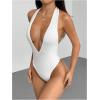 imageMakeMeChic Womens Halter Backless Shapewear Bodysuits Deep V Neck Tops LeotardWhite