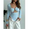 imageMakeMeChic Womens Long Sleeve Cut Out Metal Ring Bodysuit Going Out Leotard TopsBlue