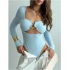 imageMakeMeChic Womens Long Sleeve Cut Out Metal Ring Bodysuit Going Out Leotard TopsBlue