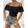 imageMakeMeChic Womens Off Shoulder Ruffle Trim Eyelet Embroidered Strapless Tube Top BodysuitBlack