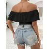 imageMakeMeChic Womens Off Shoulder Ruffle Trim Eyelet Embroidered Strapless Tube Top BodysuitBlack