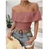 imageMakeMeChic Womens Off Shoulder Ruffle Trim Eyelet Embroidered Strapless Tube Top BodysuitPink