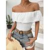 imageMakeMeChic Womens Off Shoulder Ruffle Trim Eyelet Embroidered Strapless Tube Top BodysuitWhite