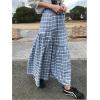 imageMakeMeChic Womens Plaid Print Tiered Layer A Line Ruffle Hem Loose Fit Casual Long Maxi SkirtsLight Blue
