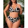 imageMakeMeChic Womens Plus Size 3 Piece Rhinestone Halter Triangle High Waisted Bikini Swimsuit with Cover Up SetBlack and White