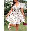 imageMakeMeChic Womens Plus Size Cherry V Neck Dress Ruched Drawstring Short Sleeve Mini DressesWhite