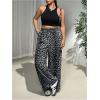imageMakeMeChic Womens Plus Size Leopard Print Wide Leg Pants Casual Summer Drawstring Waist TrousersGrey