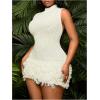imageMakeMeChic Womens Plus Size Summer Mini Dress Crochet Fringe Sleeveless Mock Neck DressesWhite