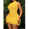 imageMakeMeChic Womens Plus Size Summer Mini Dress Crochet Fringe Sleeveless Mock Neck DressesYellow