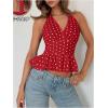 imageMakeMeChic Womens Polka Dots Halter Tops V Neck Tie Back Wrap Shirt Sleeveless Cami TopRed