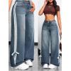 imageMakeMeChic Womens Straight Wide Leg Denim Pants Striped Bow Rise Jeans with Pocket Y2K StreetwearPetite Blue