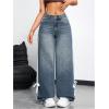 imageMakeMeChic Womens Straight Wide Leg Denim Pants Striped Bow Rise Jeans with Pocket Y2K StreetwearPetite Blue