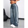 imageMakeMeChic Womens Straight Wide Leg Denim Pants Striped Bow Rise Jeans with Pocket Y2K StreetwearPetite Blue