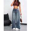 imageMakeMeChic Womens Straight Wide Leg Denim Pants Striped Bow Rise Jeans with Pocket Y2K StreetwearRegular Blue