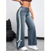 imageMakeMeChic Womens Straight Wide Leg Denim Pants Striped Bow Rise Jeans with Pocket Y2K StreetwearRegular Blue