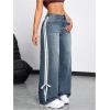 imageMakeMeChic Womens Straight Wide Leg Denim Pants Striped Bow Rise Jeans with Pocket Y2K StreetwearRegular Blue